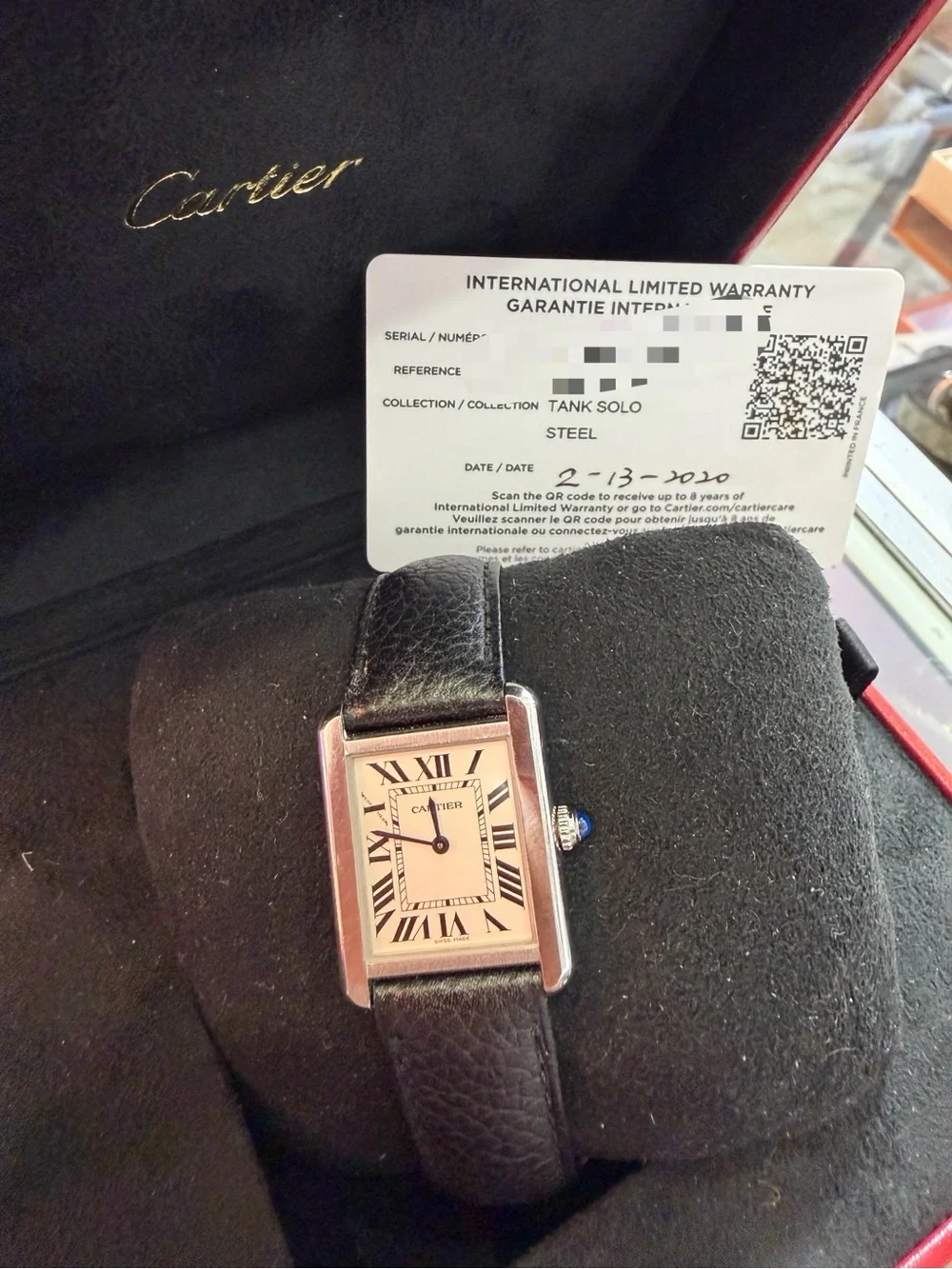 Cartier Tank Solo Steel Watch with Black Strap and Blue Cabochon